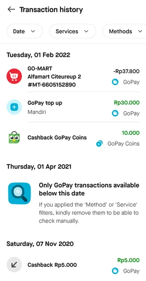 Halaman Riwayat Transaksi GoPay di Aplikasi Gojek