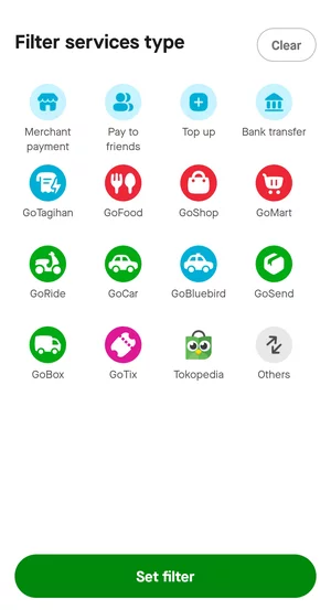 Halaman Memilih Jenis Layanan Riwayat Transaksi GoPay di Aplikasi Gojek