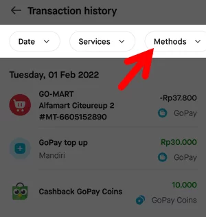 Filter Methods Riwayat Transaksi GoPay di Aplikasi Gojek
