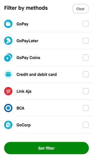 Halaman Memilih Metode Pembayaran Riwayat Transaksi GoPay di Aplikasi Gojek