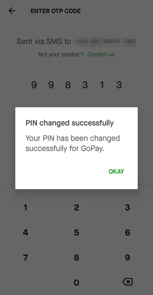 Pesan Bahwa PIN GoPay Berhasil Diubah di Aplikasi Gojek