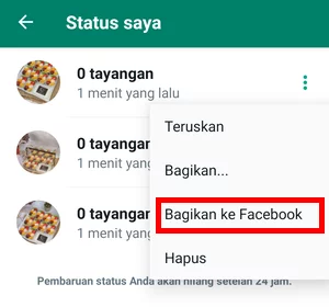 Menu Bagikan ke Facebook pada Status WhatsApp