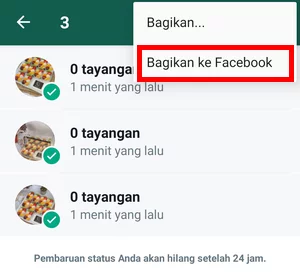 Menu Bagikan ke Facebook di Halaman Status Saya Aplikasi WhatsApp