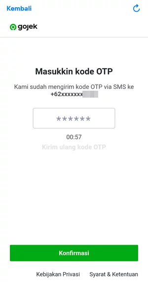 Halaman Memasukkan Kode OTP Gojek di Aplikasi Livin' by Mandiri