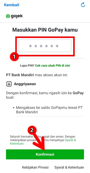 Halaman Memasukkan PIN GoPay di Aplikasi Livin' by Mandiri