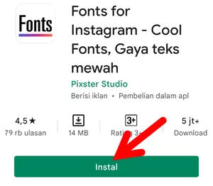 Tombol Instal Aplikasi Fonts fot Instagram di Play Store