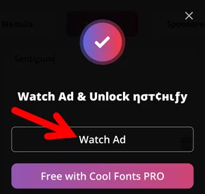 Tombol Menonton Iklan untuk Membuka Gaya Tulisan Berbayar di Aplikasi Cool Fonts for Instagram