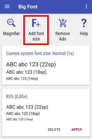 Menu Add Font Size di Halaman Utama Aplikasi Big Font