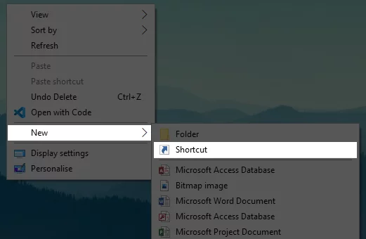 Menu New > Shortcut di Desktop Windows 10