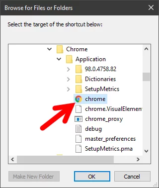 Memilih File EXE Google Chrome di Windows 10