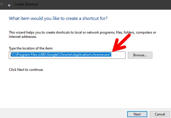 Lokasi File Google Chrome di Jendela Create Shortcut Windows 10