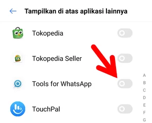 Mengaktifkan Toogle Aplikasi Tools for WhatsApp