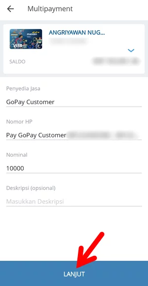 Tombol LANJUT Transaksi Pengisian Saldo GoPay di Aplikasi Livin' by Mandiri