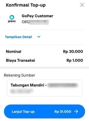 Halaman Konfirmasi Top-up GoPay di Aplikasi New Livin' by Mandiri
