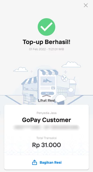 Halaman Top-up GoPay Berhasil di Aplikasi New Livin' by Mandiri