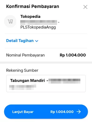 Halaman Konfirmasi Pembayaran Tagihan Tokopedia di Aplikasi Livin' by Mandiri