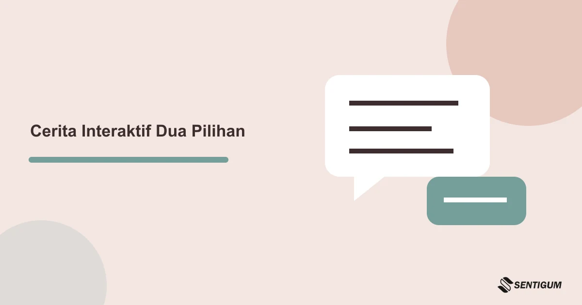 Ilustrasi peta cerita lima bagian dengan dua pilihan tindakan dan kendali mengulang atau selesai pada penutup